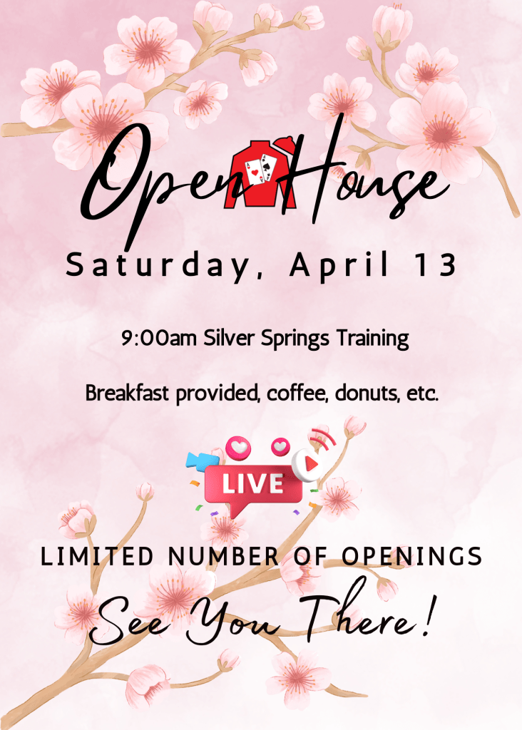 Promotional graphic for an open house event featuring cherry blossom decorations. Text includes date, time, location, and details about breakfast and limited openings.