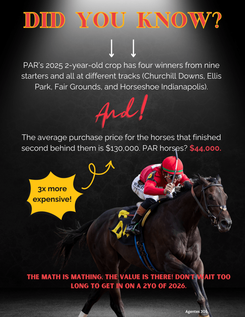 Infographic highlighting the success of PAR's 2025 2-year-old horse crop, featuring statistics and a graphic of a horse and jockey, emphasizing price comparisons and encouraging investment.