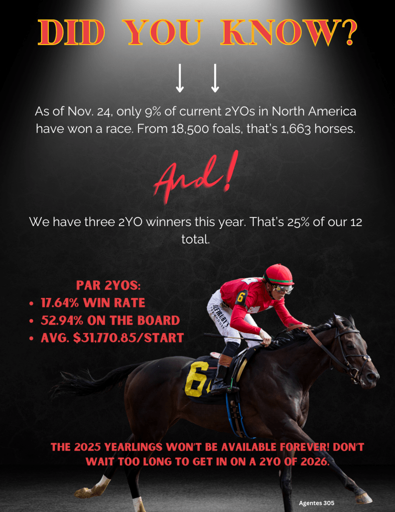 A jockey wearing a red shirt and a number 6 rides a horse during a race, with text displaying statistics about two-year-olds in North America.